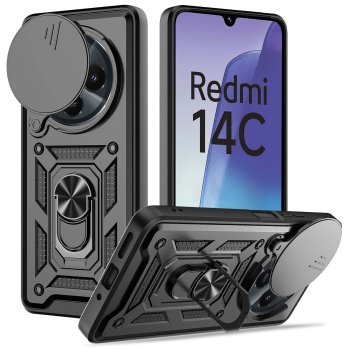 Etui do Xiaomi Redmi 14C pancerne ring z osłoną na aparat ze szkłem
