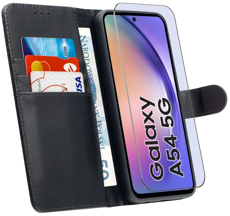 Etui-do-Samsung-Galaxy-A54-czarne-magnetyczne-z-klapka-ze-szklem