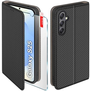 Etui do Samsung Galaxy S25 czarne zamykane ze szkłem