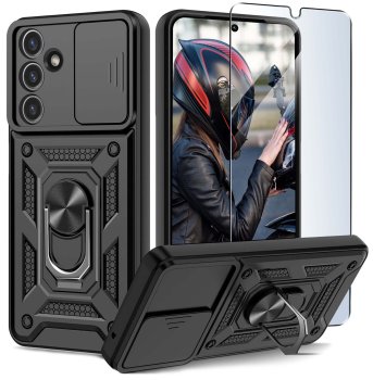 Etui do Samsung Galaxy S25+ Plus pancerne ring z osłoną na aparat czarne ze szkłem