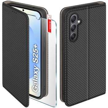 Etui do Samsung Galaxy S25+ Plus czarne zamykane ze szkłem