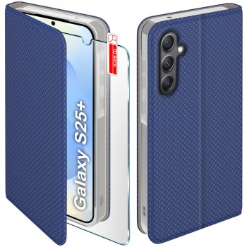 Etui do Samsung Galaxy S25+ Plus granatowe zamykane ze szkłem