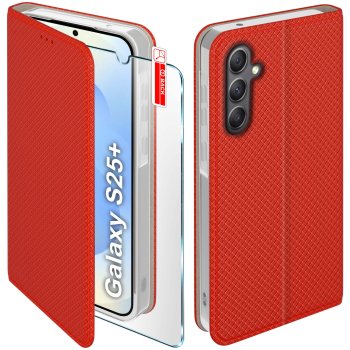 Etui do Samsung Galaxy S25+ Plus czerwone zamykane ze szkłem