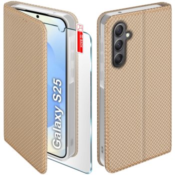 Etui do Samsung Galaxy S25+ Plus złote zamykane ze szkłem