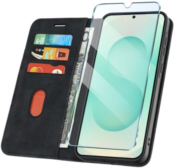 Etui do Samsung Galaxy S25 skórzane Velvet zamykane czarne ze szkłem