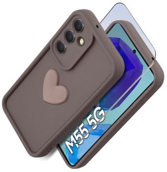 Etui do Samsung Galaxy M55 5G silikonowe serce brązowe ze szkłem