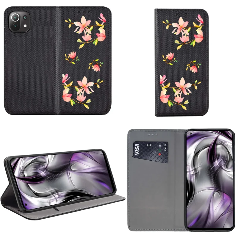 etui-do-xiaomi-mi-11-lite-4g-5g-zamykane-malowane-wzor-kwiat-ze-szklem