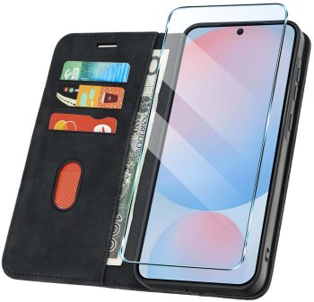Etui do Samsung Galaxy A56 skórzane Velvet zamykane czarne ze szkłem