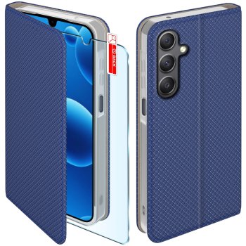 Etui do Samsung Galaxy A26 granatowe zamykane ze szkłem