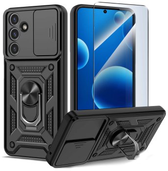 Etui do Samsung Galaxy A36 / A37 5G pancerne ring z osłoną na aparat czarne ze szkłem