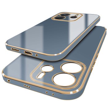 Etui do Xiaomi Redmi Note 14 5G ze złotą ramką szaroniebieskie ze szkłem