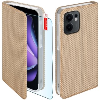 Etui do Oppo Reno 13 FS 5G / 13 F 5G złote zamykane ze szkłem