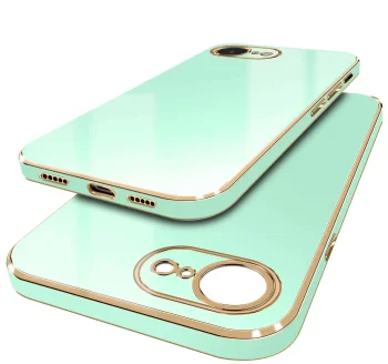 Etui do iPhone 16e / 17e ze złotą ramką miętowe ze szkłem