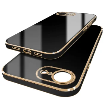Etui do iPhone 16e / 17e ze złotą ramką czarne ze szkłem