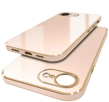 Etui do iPhone 16e / 17e ze złotą ramką różowe ze szkłem