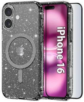 Etui do Iphone 16 magsafe brokatowe czarne ze szkłem