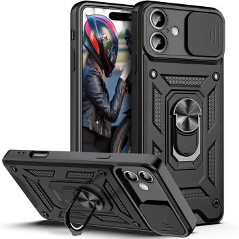 Etui do Iphone 16 pancerne ring z osłoną na aparat czarne ze szkłem