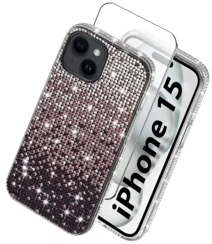 Etui do Iphone 15 silikonowe diamond fioletowe ze szkłem