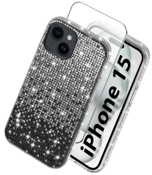 Etui do Iphone 15 silikonowe diamond czarne ze szkłem