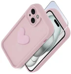 Etui do Iphone 15 silikonowe serce jasnoróżowe ze szkłem