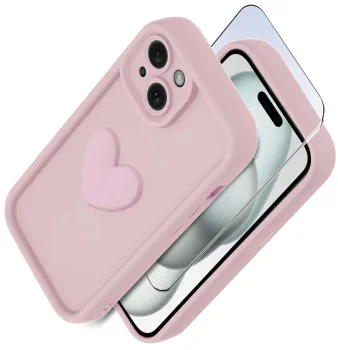 Etui do Iphone 15 silikonowe serce jasnoróżowe ze szkłem