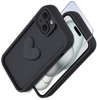 Etui do Iphone 15 silikonowe serce czarne ze szkłem