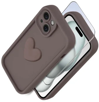Etui do Iphone 15 silikonowe serce brązowe ze szkłem