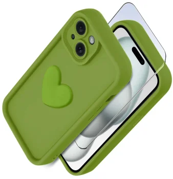 Etui do Iphone 15 silikonowe serce limonkowe ze szkłem