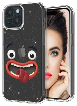 Etui do Iphone 15 bezbarwne brokat wzór buźka + szkło