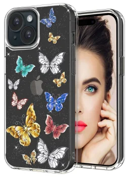 Etui do Iphone 15 bezbarwne brokat wzór motyle + szkło