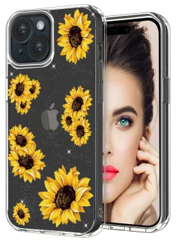 Etui do Iphone 15 bezbarwne brokat wzór słoneczniki + szkło