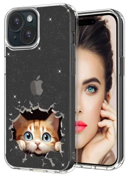 Etui do Iphone 15 bezbarwne brokat wzór kot + szkło