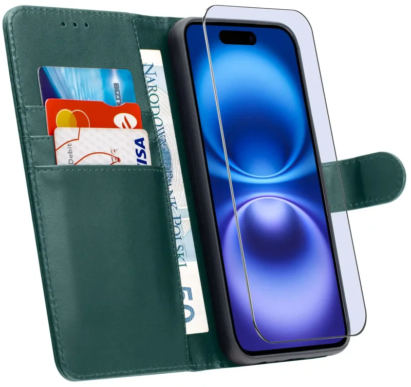 etui-do-iphone-16-plus-zielone-magnetyczne-z-klapka-ze-szklem