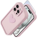 Etui do Iphone 15 Pro silikonowe serce jasnoróżowe ze szkłem