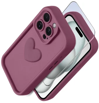 Etui do Iphone 15 Pro silikonowe serce burgundowe ze szkłem
