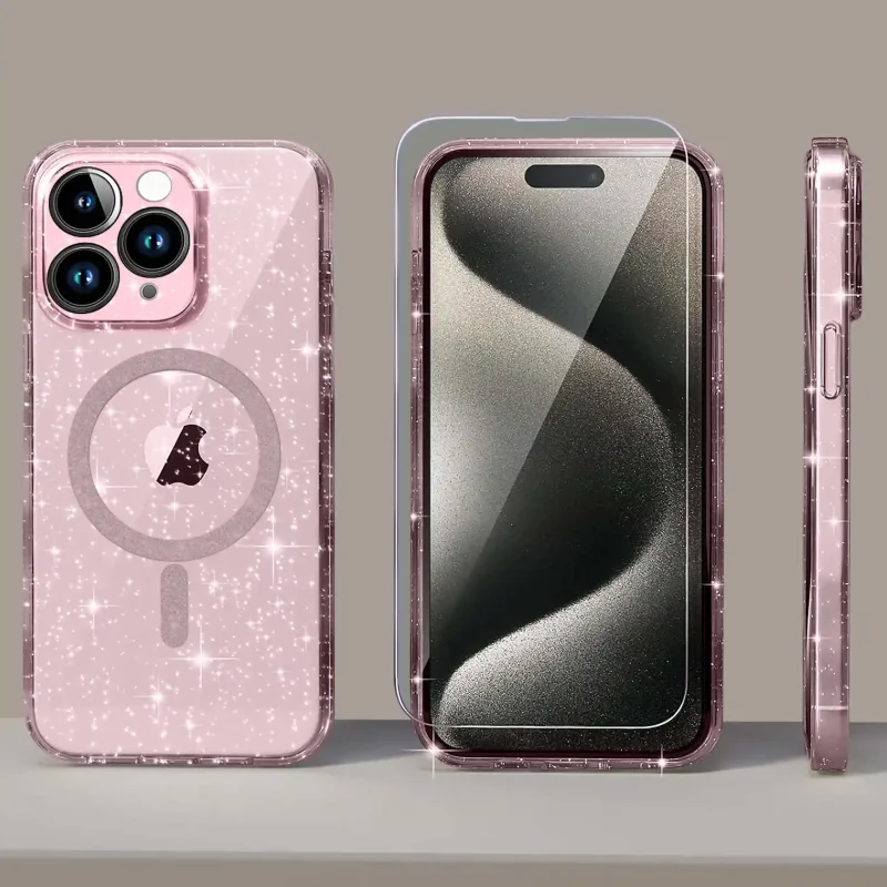 etui-do-iphone-15-pro-magsafe-brokatowe-różowe-ze-szklem