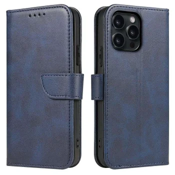 Etui do Iphone 15 Pro skórzane z klapka granatowe + szkło