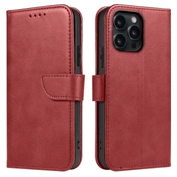 Etui do Iphone 15 Pro skórzane z klapka bordowe + szkło