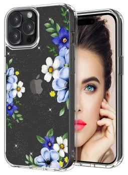 Etui do Iphone 15 Pro bezbarwne brokat wzór kwiatki + szkło