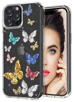 Etui do Iphone 15 Pro bezbarwne brokat wzór motyle + szkło