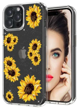 Etui do Iphone 15 Pro bezbarwne brokat wzór słoneczniki + szkło