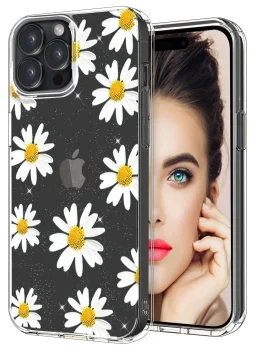 Etui do Iphone 15 Pro bezbarwne brokat wzór margaretki + szkło