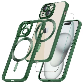 Etui do Iphone 15 Plus z zieloną ramką kompatybilne z MagSafe + szkło