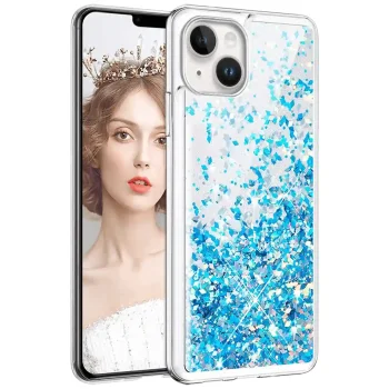 Etui do Iphone 13 / 14 z brokatem niebieskie + szkło