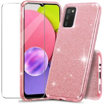 Etui Brokatowe do Samsung Galaxy A03s różowy + szkło