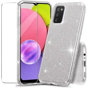 Etui Brokatowe do Samsung Galaxy A03s srebrny + szkło