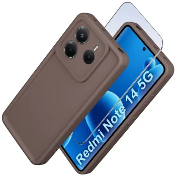 Etui do Xiaomi Redmi Note 14 5G brązowe wzmacniane silikonowe ze szkłem