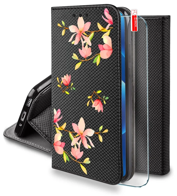 etui-do-xiaomi-redmi-note-14-4g-zamykane-malowane-wzor-kwiaty-ze-szklem