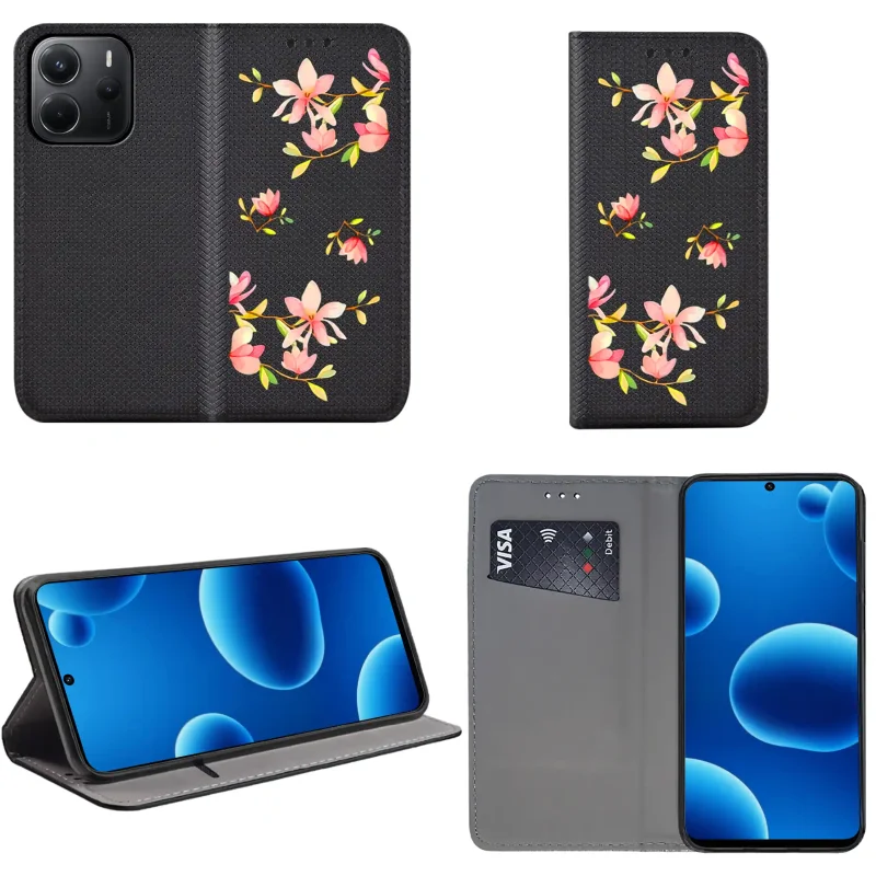 etui-do-xiaomi-redmi-note-14-4g-zamykane-malowane-wzor-kwiaty-ze-szklem