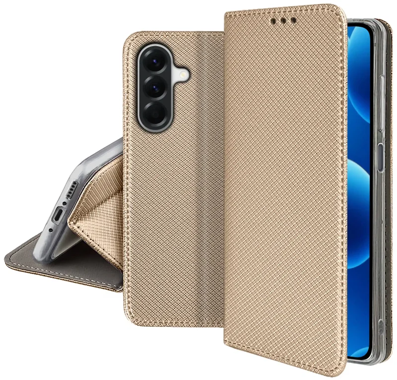 Etui zamykane złote do Samsung Galaxy A26 A18 A17 5G z fakturowaną powierzchnią, przeszyciami i funkcją stojaka